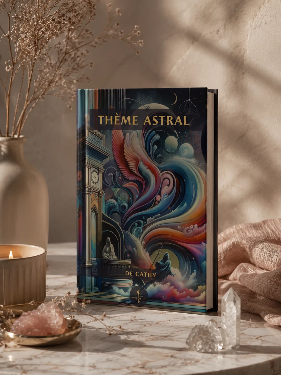Le livre relié Thème astral, couverture noir et or, sur un marbre